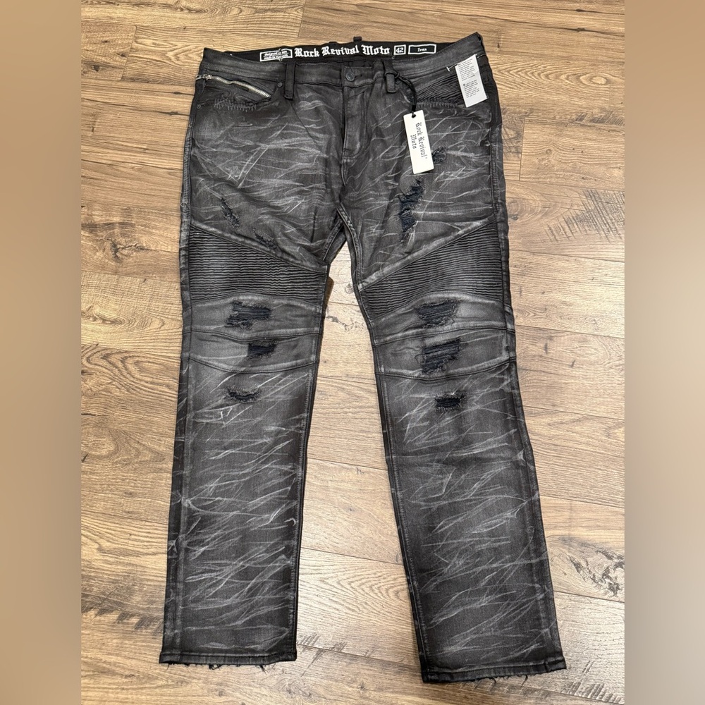 ROCK REVIVAL MEN'S JEANS Sz 42 IVAN  Slim Straight Moto Stretch BIKER Distressed